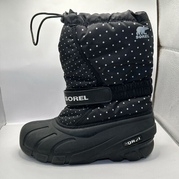 Sorel Snow Boots Youth Size 4 Black White Polka Dots Waterproof Insulated - Picture 7 of 16